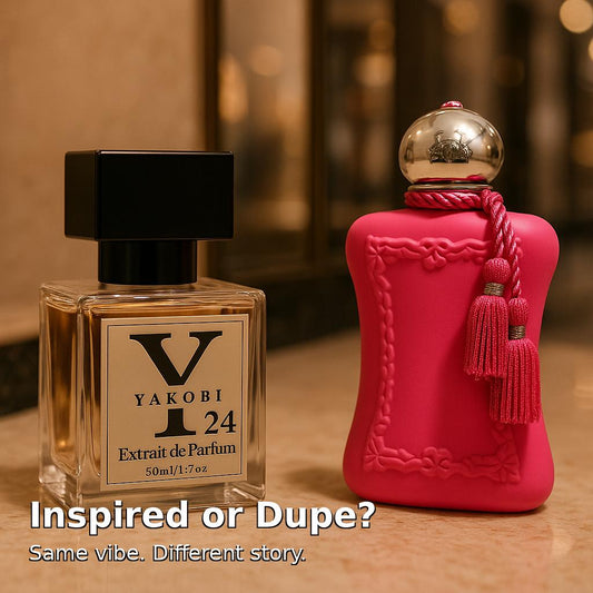 A Yakobi perfume bottle faces off against a luxury designer bottle on a perfume counter, highlighting the concept of inspired fragrance versus dupe.