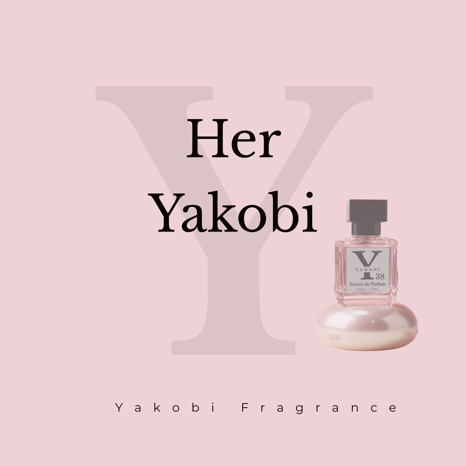 Her Yakobi perfume bottle on pearl pedestal with pink background and Yakobi logo text.