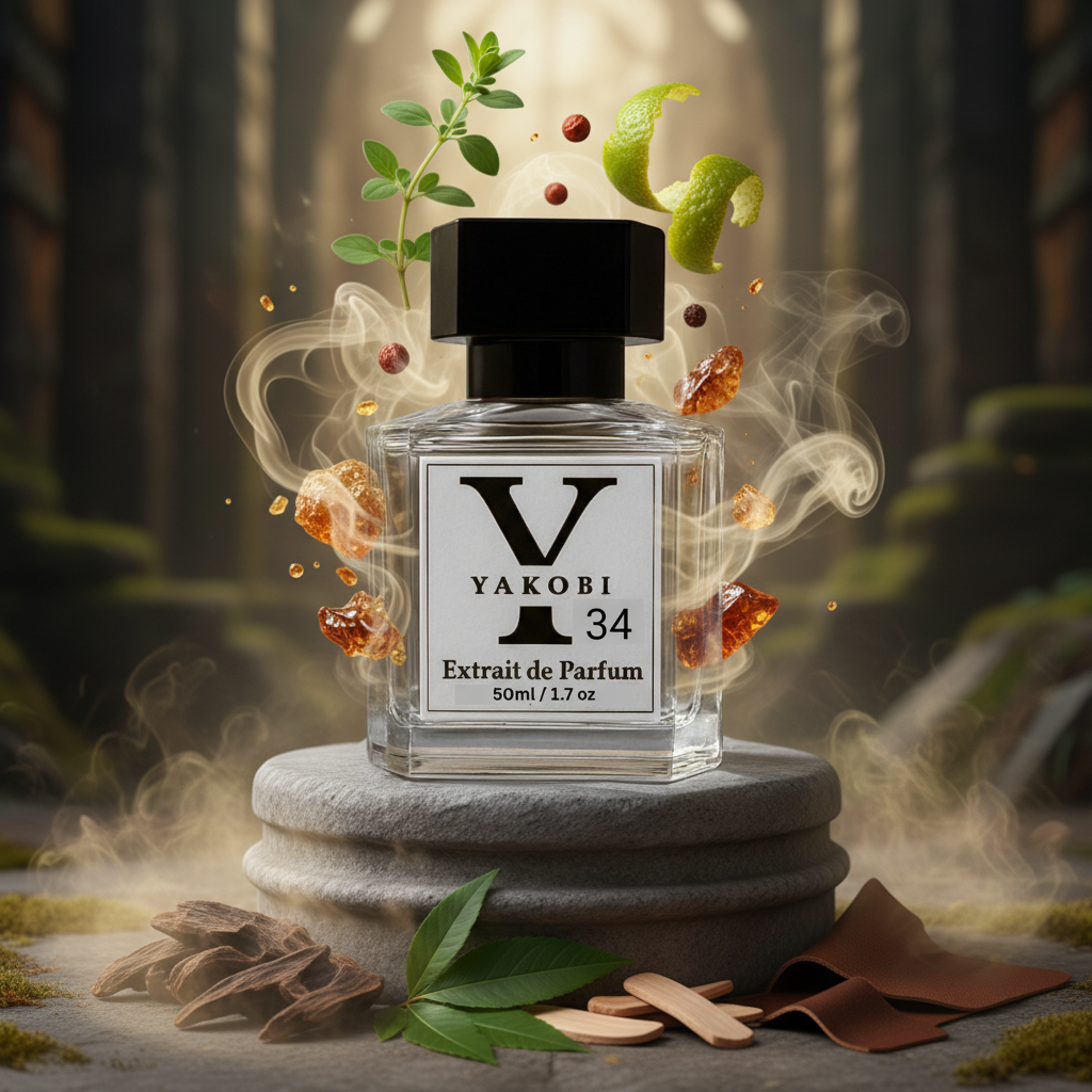 Yakobi 34 perfume bottle with natural elements on a stone surface