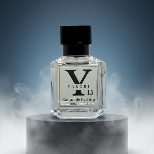 Yakobi Y15 perfume bottle on a dark background with smoke effect