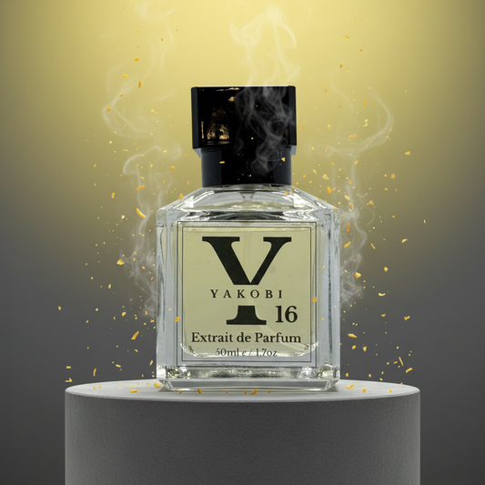 Yakobi 16 perfume bottle with smoke effect on a gray platform
