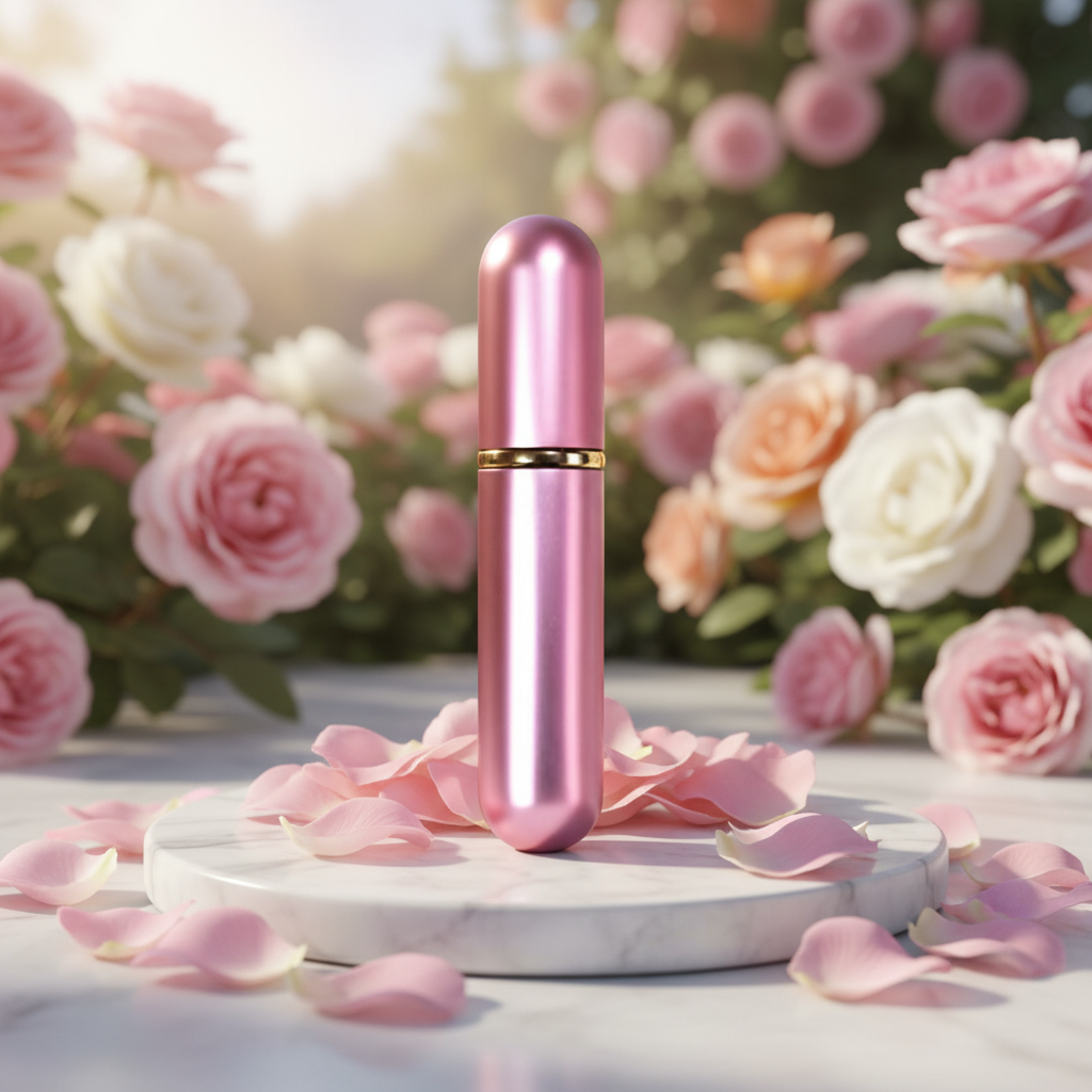 A 5ml travel perfume atomiser displayed upfront on a marble base, surrounded by soft rose petals and a garden backdrop, highlighting elegance and scent on the go.