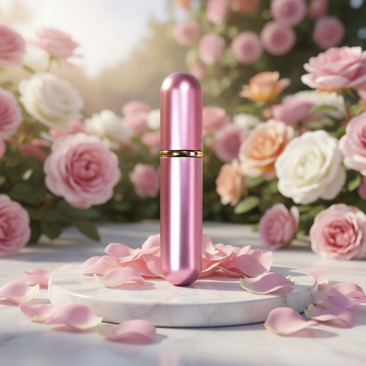 A 5ml travel perfume atomiser displayed upfront on a marble base, surrounded by soft rose petals and a garden backdrop, highlighting elegance and scent on the go.