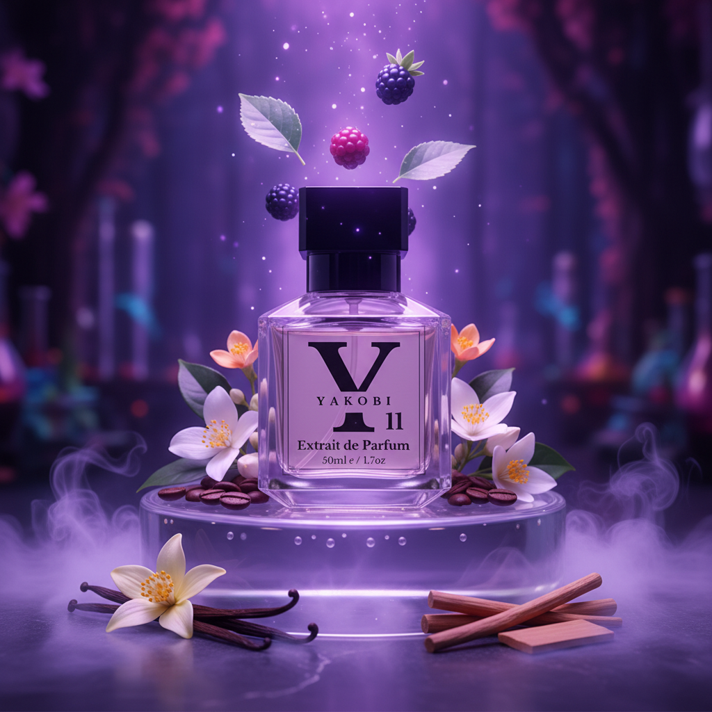 Yakobi perfume bottle with flowers and spices on a mystical background