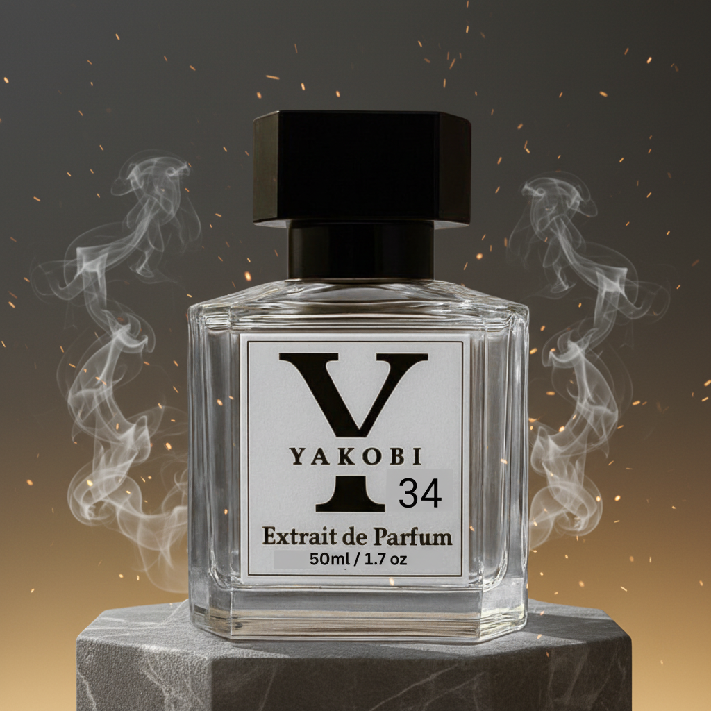 Yakobi 34 perfume bottle with smoke effects on a dark background