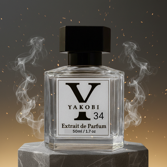 Yakobi 34 perfume bottle with smoke effects on a dark background