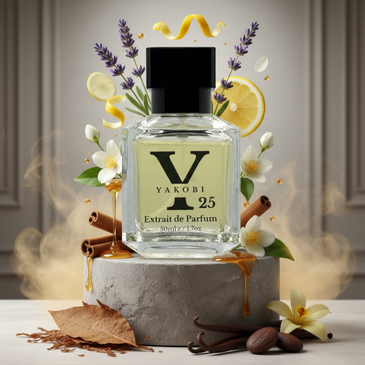 Yakobi 25 perfume bottle with floral and spice elements on a neutral background
