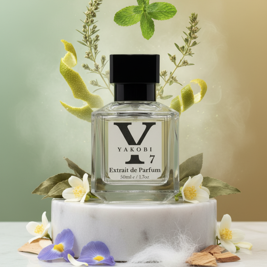 Yakobi Y7 Extrait de Parfum bottle with floral and leaf decorations on a marble base.