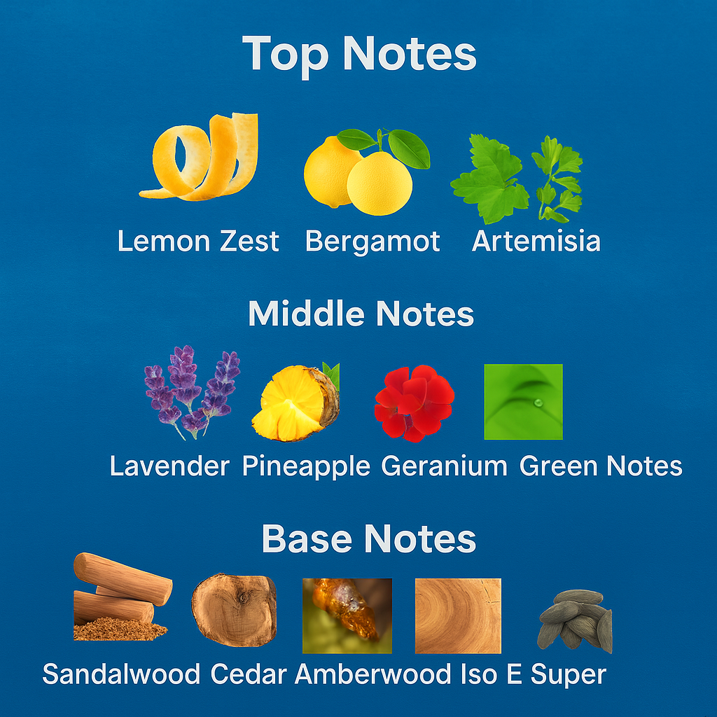 Chart of top, middle, and base notes with corresponding images and labels on a blue background