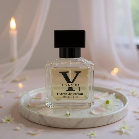 Yakobi perfume bottle on a marble tray with flowers and candles in the background