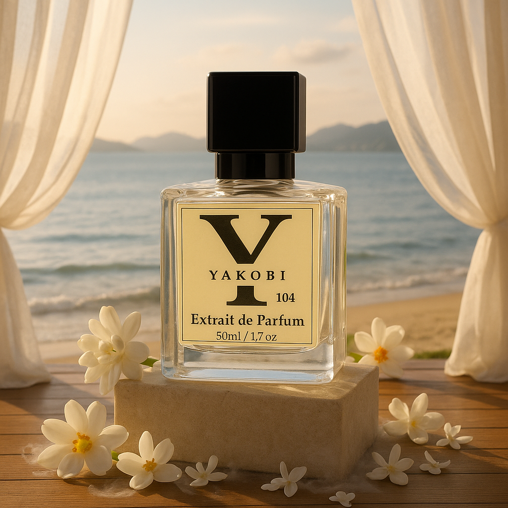 Yakobi LE104 Fleur de Đồ Sơn perfume bottle on a pedestal with white florals, overlooking a peaceful beach with flowing curtains.