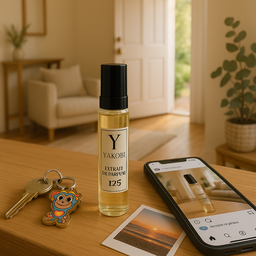 "Yakobi Y25 50ml Extrait de Parfum travel bottle on a wooden table next to house keys with a cartoon keychain, a smartphone displaying an Instagram post, and a printed sunset photo. In the background, a cozy, sunlit home entryway with an open door."