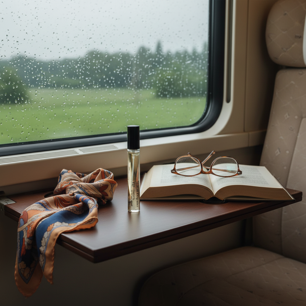 Table with book, glasses, and bottle by a window on a rainy day