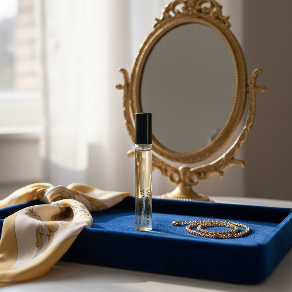 Perfume bottle, gold necklace, and scarf on a blue tray with a vintage mirror in the background.
