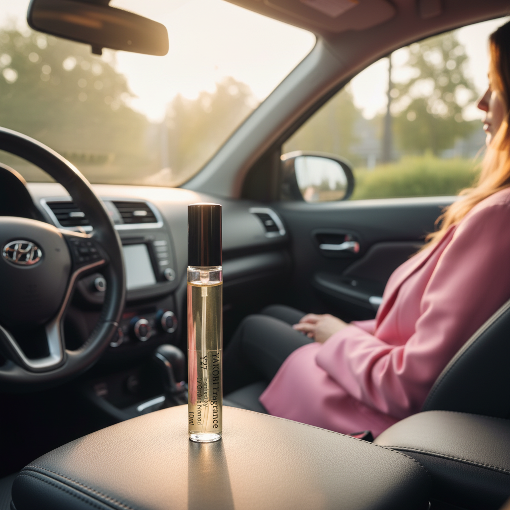 Perfume bottle on a car dashboard with a person sitting inside