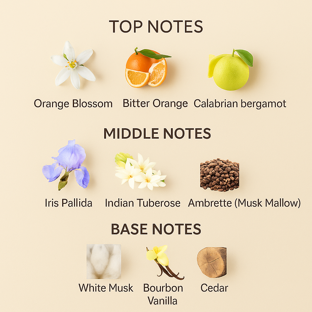 Chart of top, middle, and base notes with corresponding botanical images on a beige background