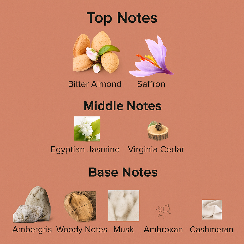 Diagram of top, middle, and base notes with corresponding scents on a brown background