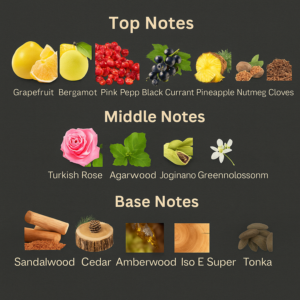 Illustration of top, middle, and base notes with corresponding images and names on a dark background.