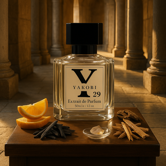 Yakobi Y29 perfume bottle on wood with orange slices, tonka, incense, and sandalwood in a golden-lit stone corridor.