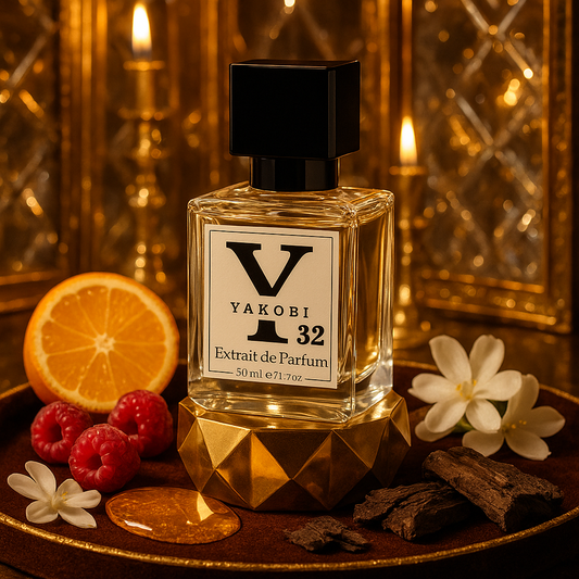 Yakobi Y32 perfume bottle on a golden base with orange slices, raspberries, amber, and white flowers, lit by candlelight in a gilded setting.