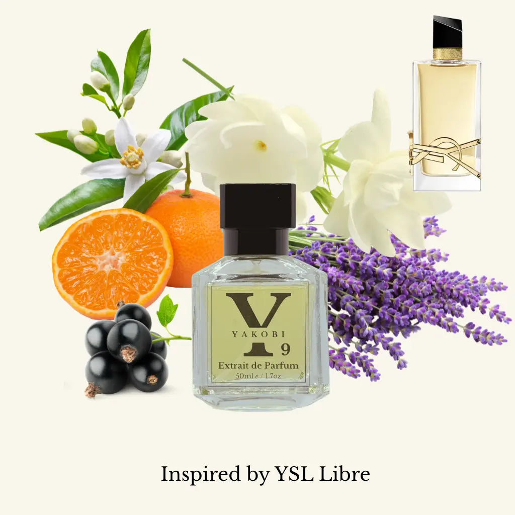 Yakobi Fragrance Y9 Extrait de Parfum bottle is centered against a soft cream background, surrounded by lavender, jasmine, blackcurrant, and mandarin. A YSL Libre perfume bottle appears in the top right corner. Text below reads: “Inspired by YSL Libre.”
