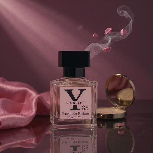 Yakobi 35 perfume bottle with pink satin fabric and decorative elements on a reflective surface.