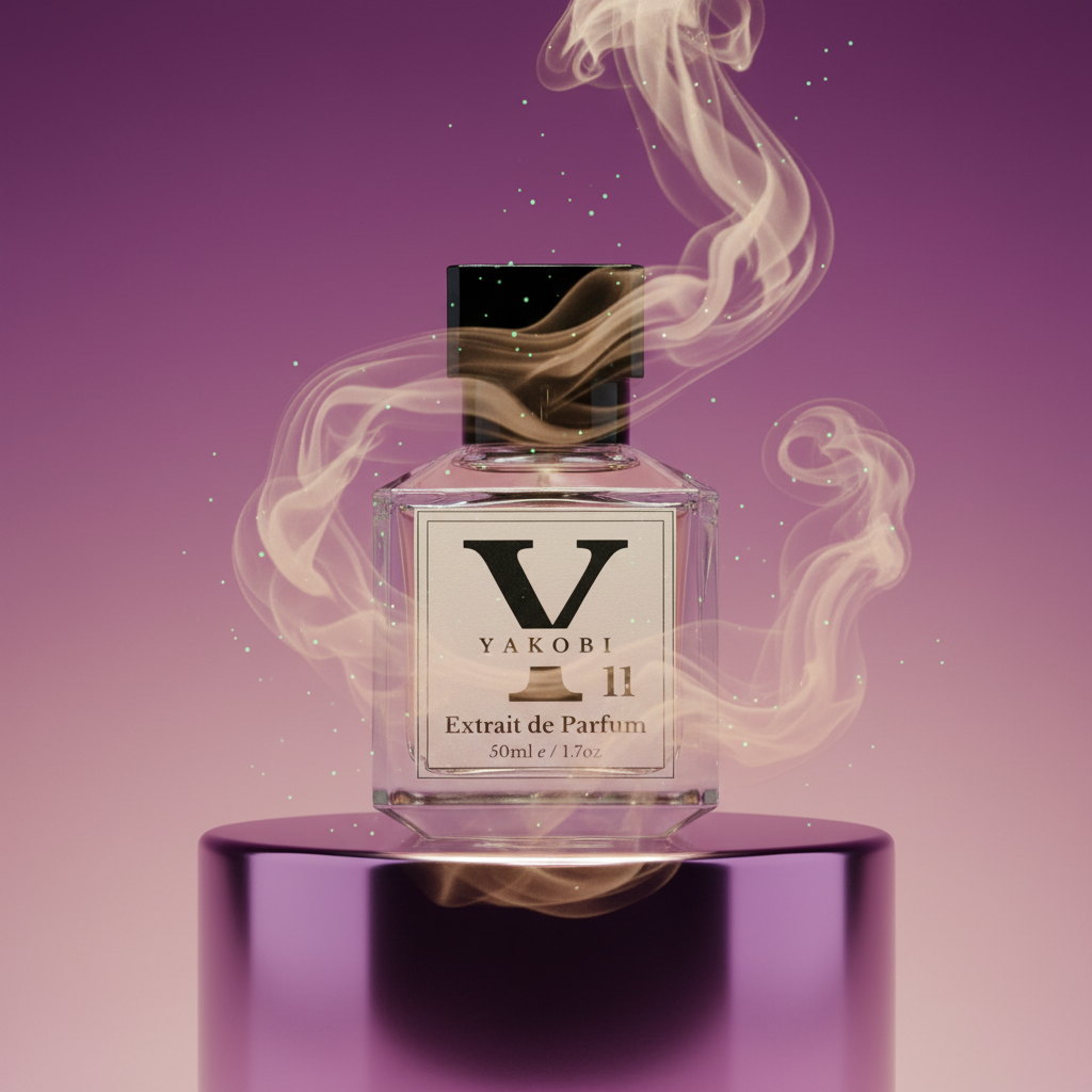 Yakobi perfume bottle with smoke effect on a purple background