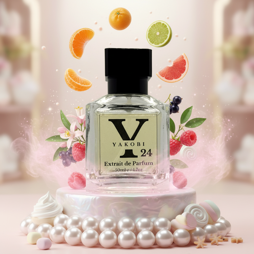 Yakobi Y24 perfume bottle with fruit and floral elements on a decorative stand.