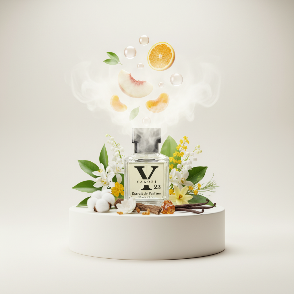 Perfume bottle with floral elements on a light background