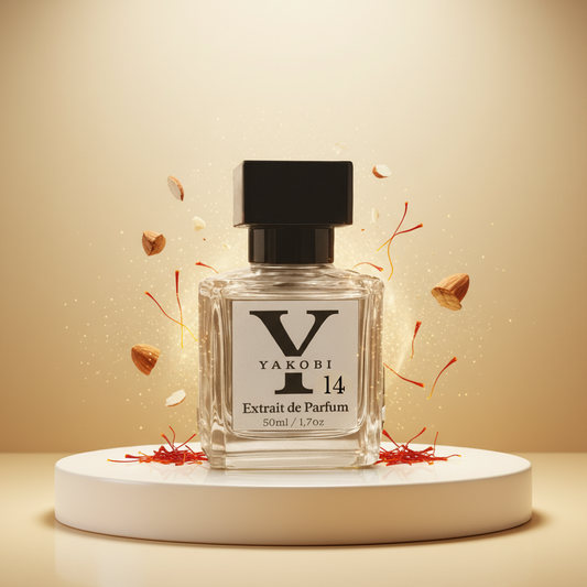 Yakobi 14 Extract de Parfum bottle on a beige background with decorative elements.