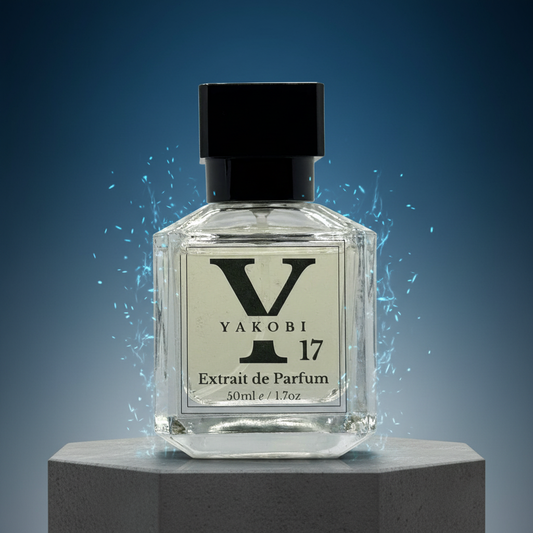 Yakobi 17 perfume bottle on a blue gradient background