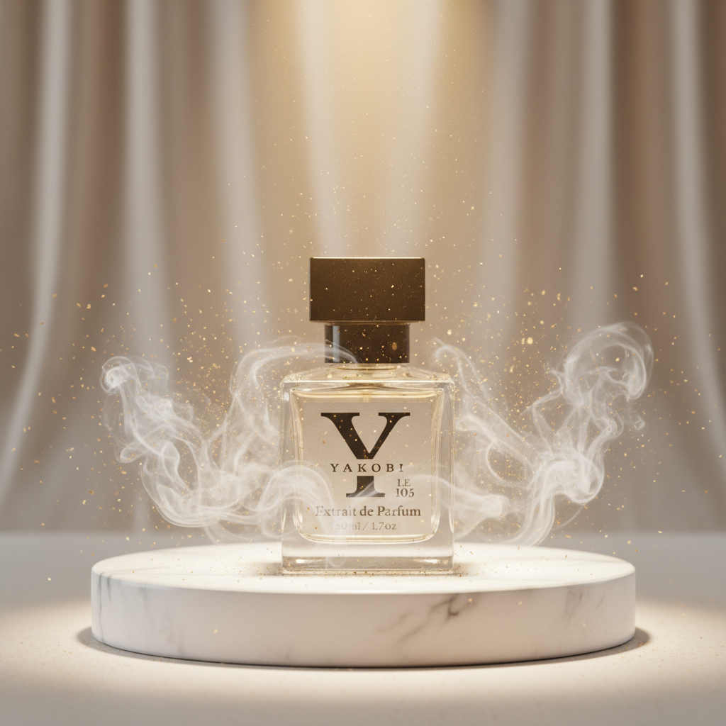 Yakobi perfume bottle on a marble platform with a soft, warm background