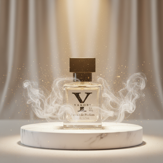Yakobi perfume bottle on a marble platform with a soft, warm background
