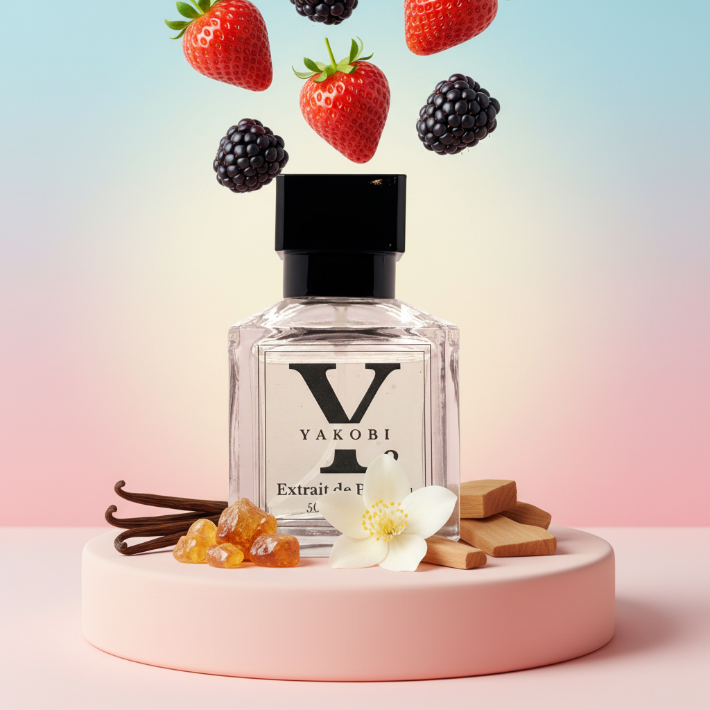 Yakobi perfume bottle with vanilla beans, strawberries, and blackberries on a gradient background