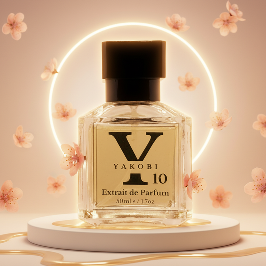 Yakobi 10 Extrait de Parfum bottle with floral decorations on a light background