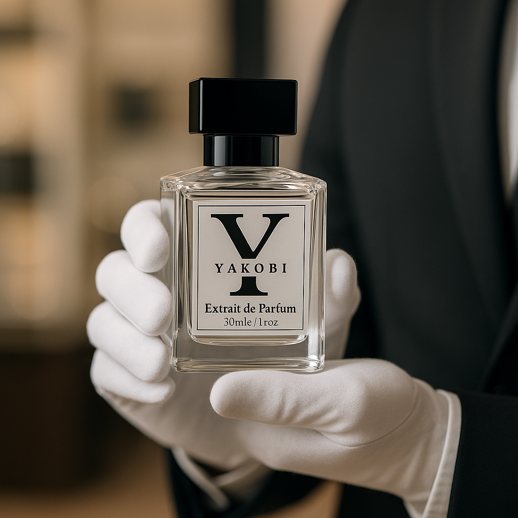 A gloved hand elegantly presents a 50ml bottle of Yakobi Extrait de Parfum, showcasing luxury craftsmanship and minimalist black-and-white label design.