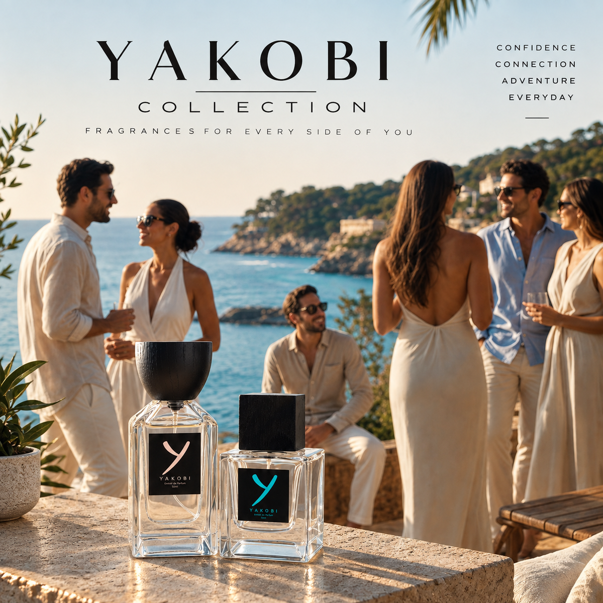 Yakobi Y22 Extrait de Parfum 50ml on a wooden surface by the beach, with sunglasses and ocean waves in the background, evoking a bold summer vibe.