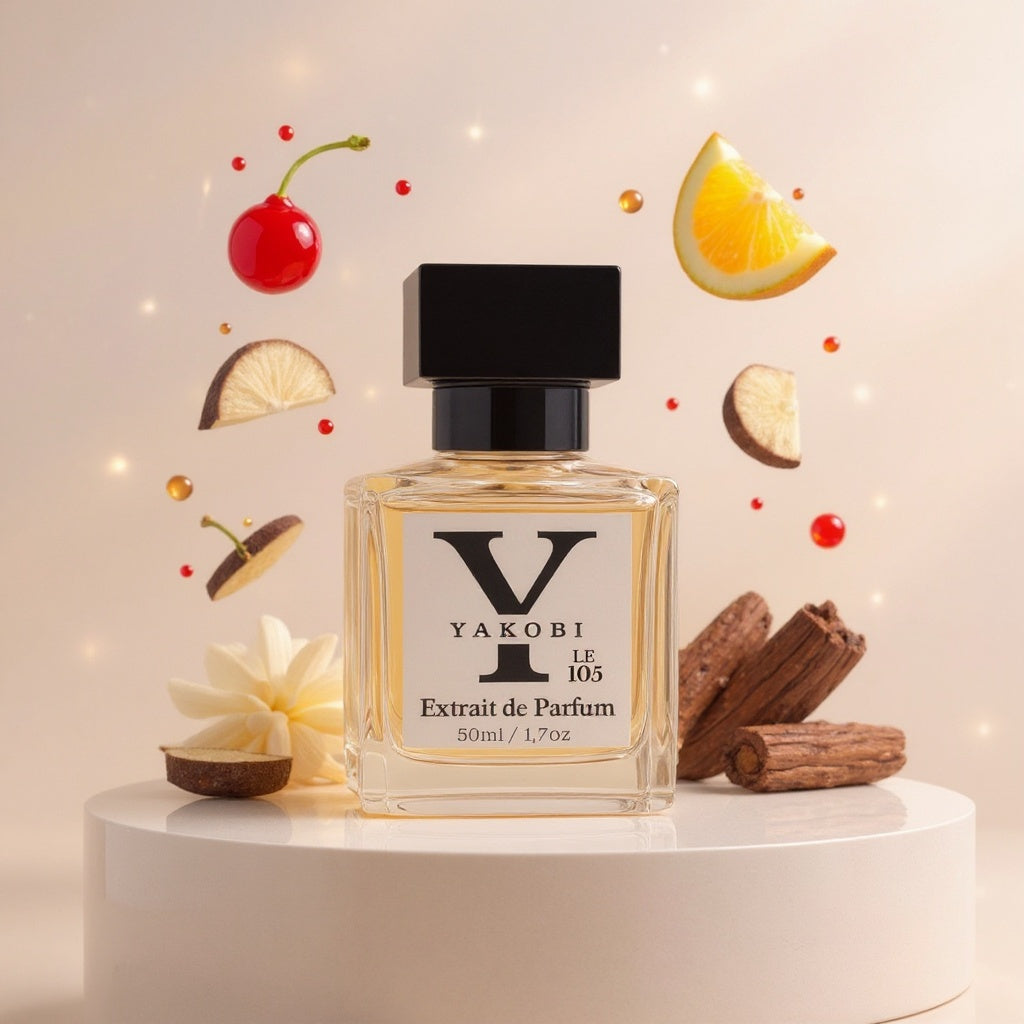 Yakobi perfume bottle with fruit and spice elements on a light background
