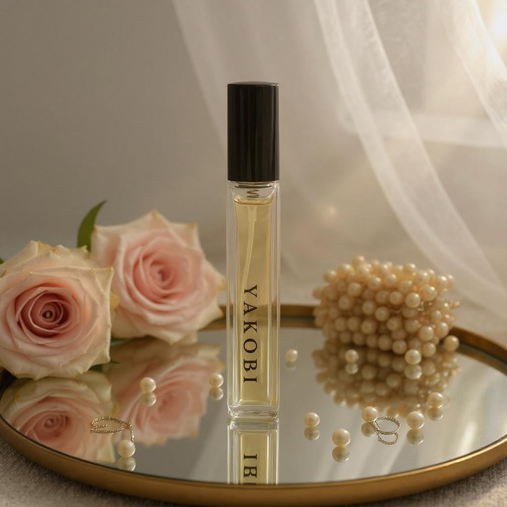 Yakobi perfume bottle on a reflective surface with pink roses and pearls