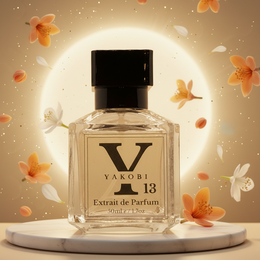 Yakobi Extrait de Parfum bottle with floral decorations on a beige background