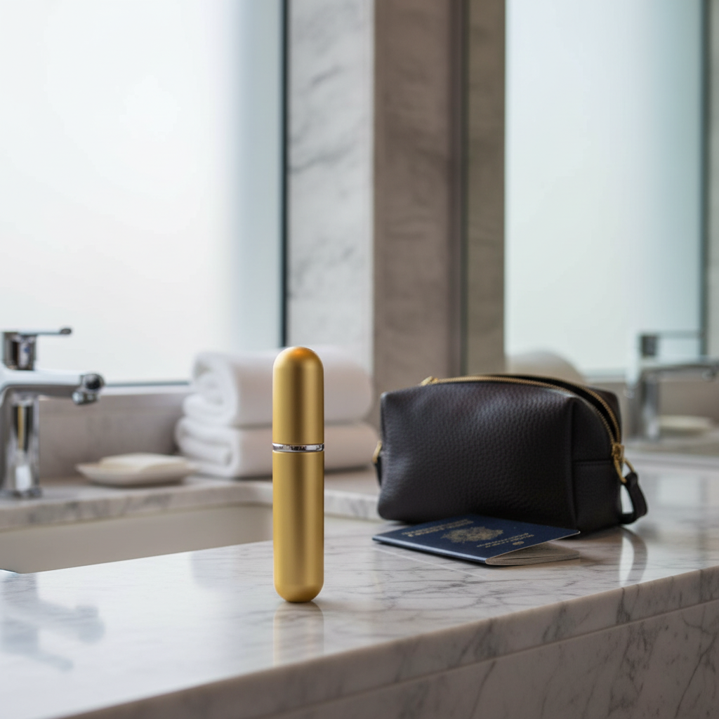 A 5ml travel perfume atomiser placed on a marble bathroom counter, upfront beside a toiletry bag and passport, ready for business trips and global travel.