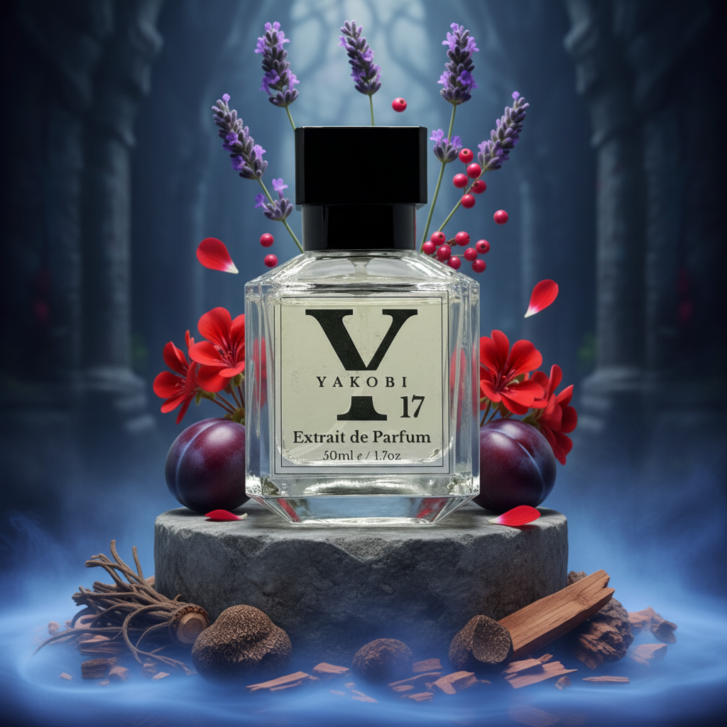 Yakobi 17 perfume bottle with flowers and fruits on a dark background