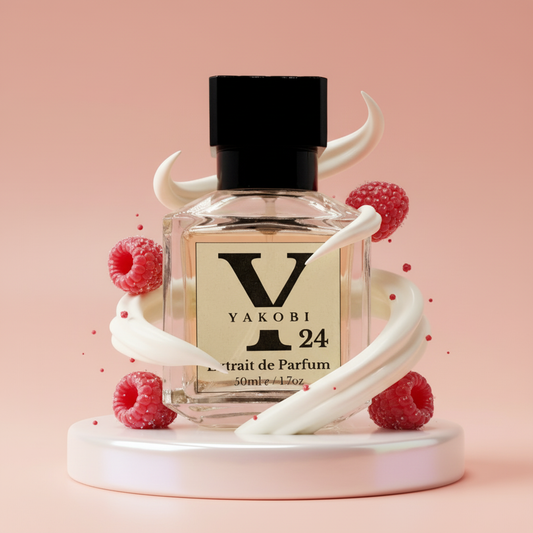 Yakobi 24 perfume bottle with raspberries on a pink background