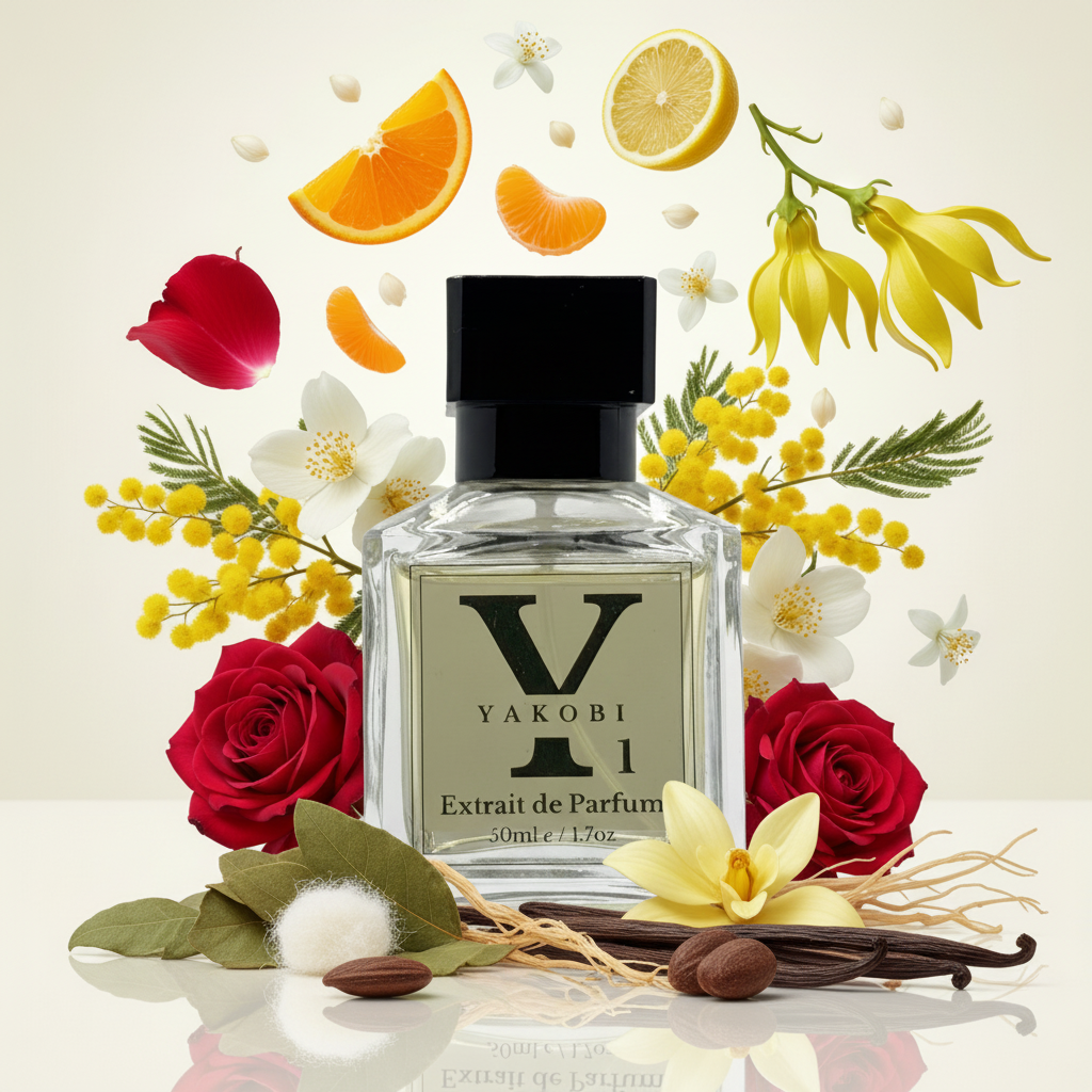 Yakobi perfume bottle surrounded by flowers and fruits on a light background