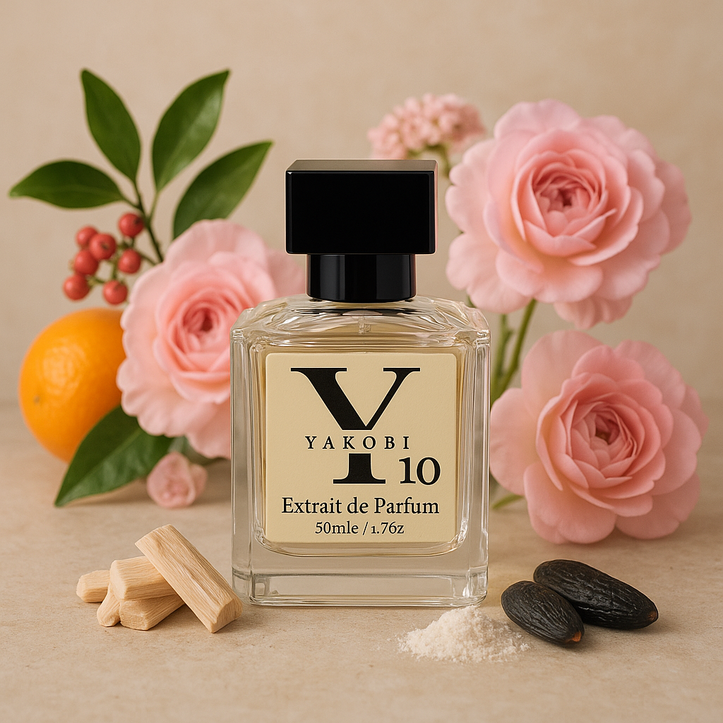 Y10 Extrait de Parfum bottle with pink roses and oranges on a beige background