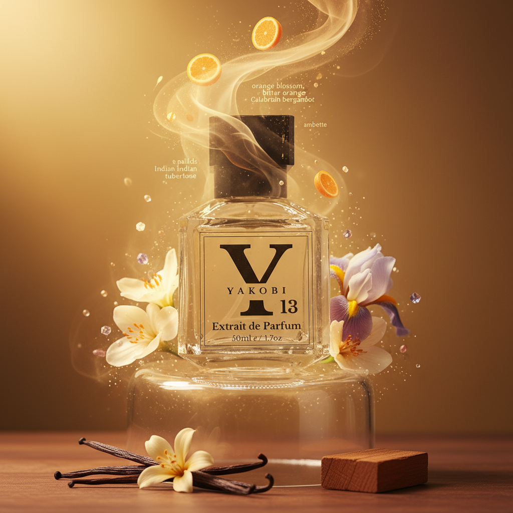 Yakobi 13 perfume bottle with flowers and vanilla beans on a wooden surface