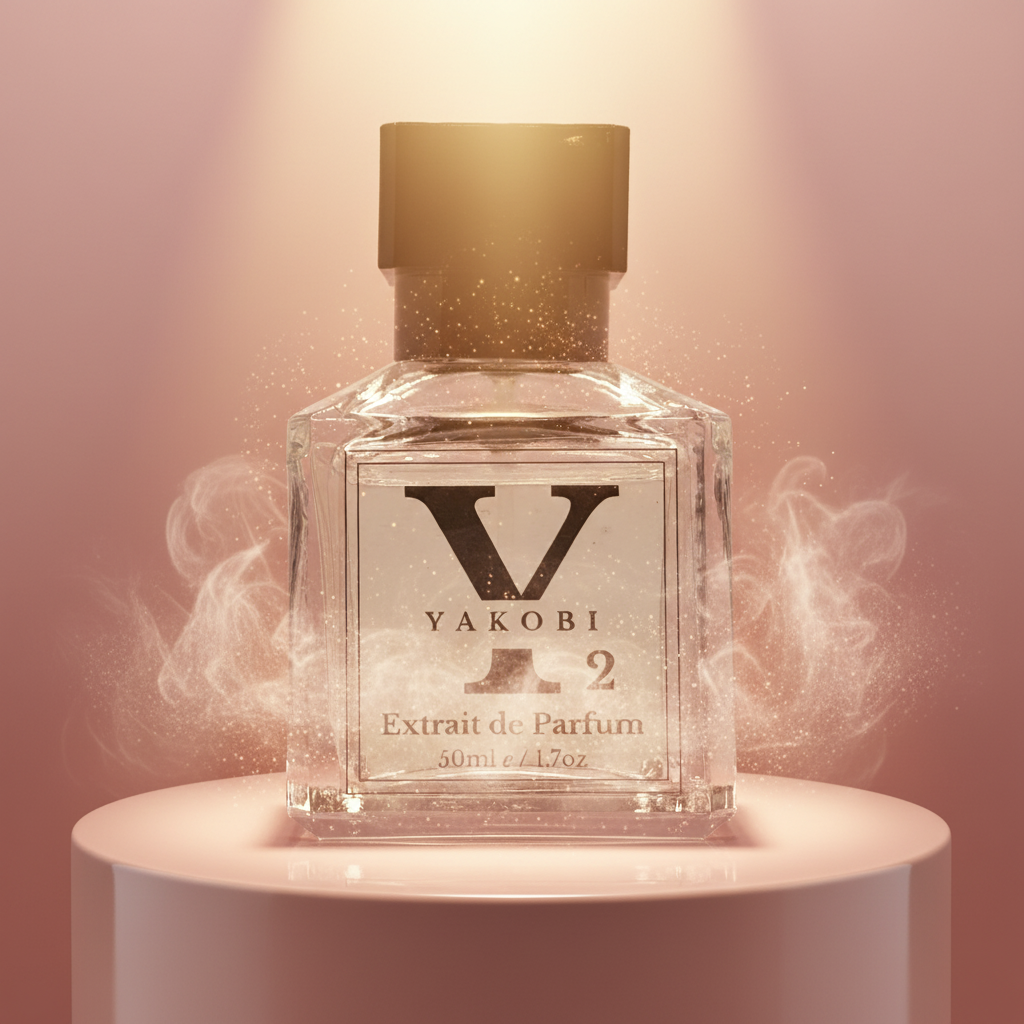 Yakobi Y Extrait de Parfum bottle on a stand with a soft pink background