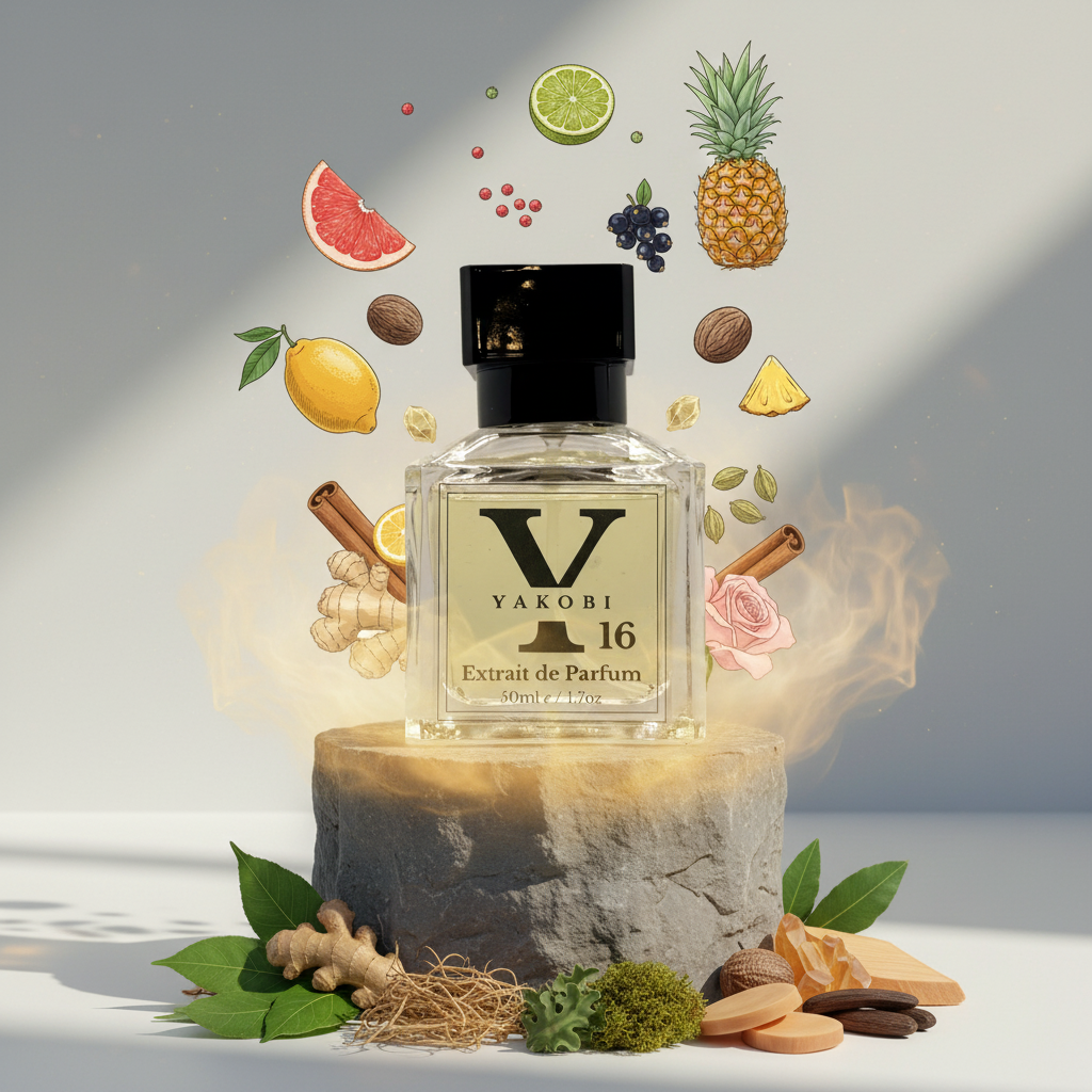 Yakobi Y16 perfume bottle with fruit and spice elements on a neutral background