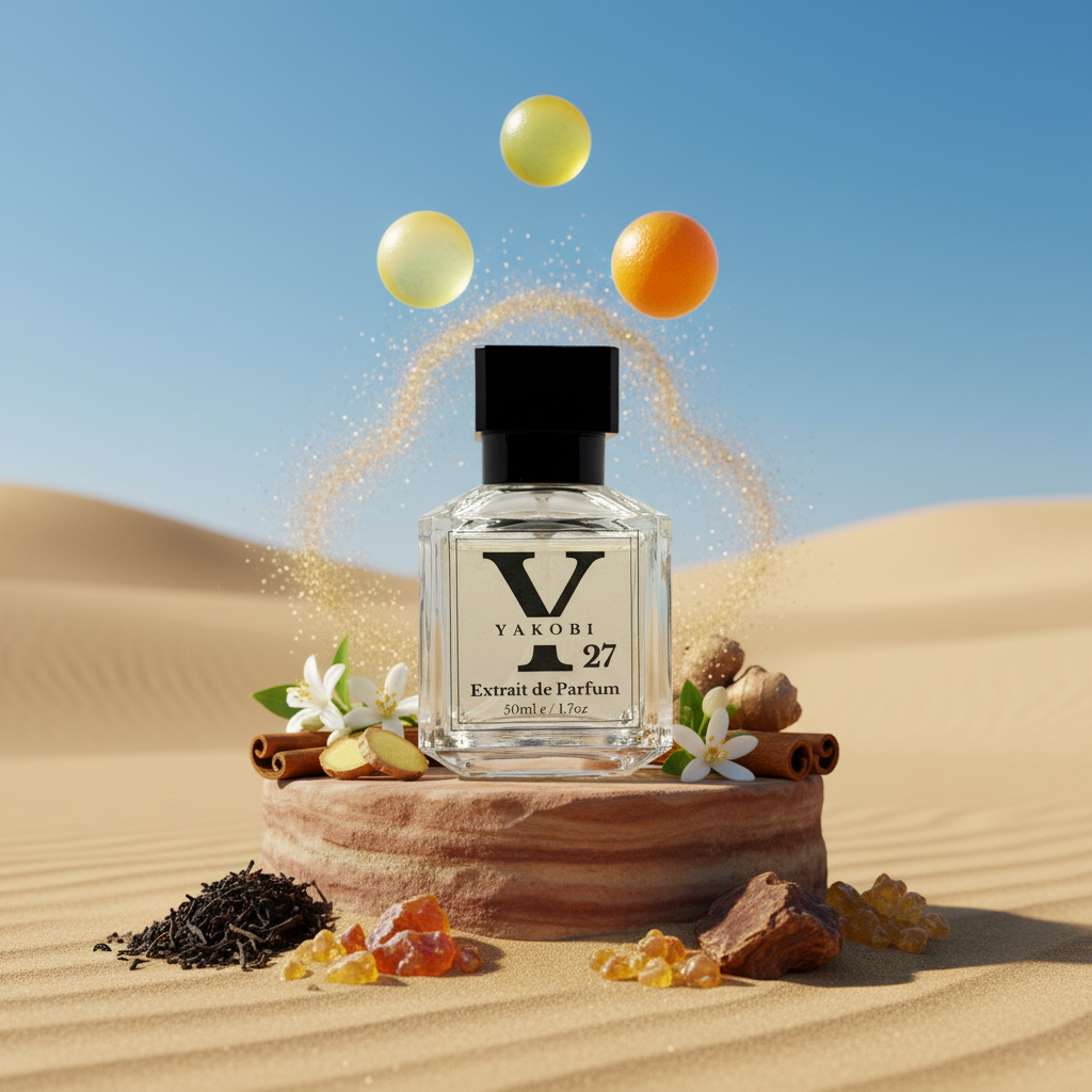 Yakobi 27 perfume bottle with desert elements on a sandy background