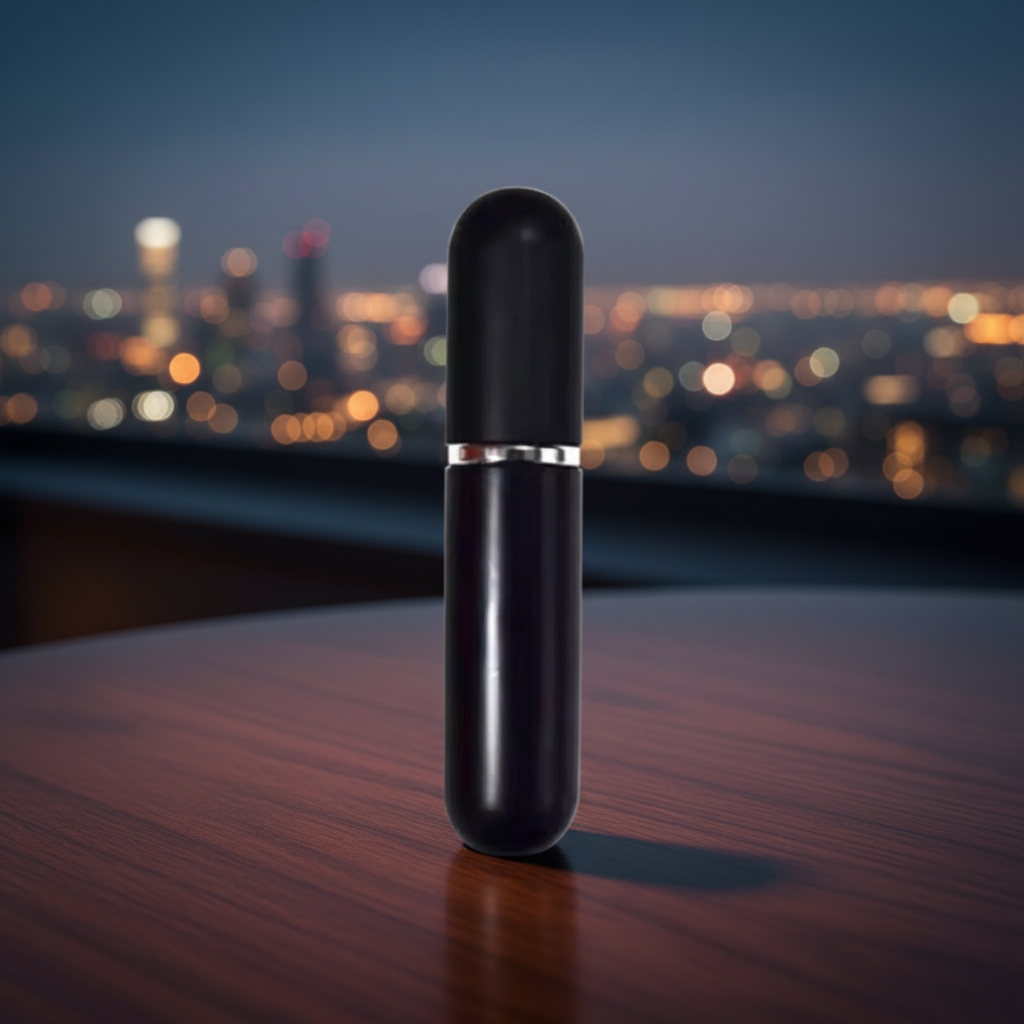 A sleek 5ml travel perfume atomiser standing upfront on a rooftop table, with blurred city lights in the background, symbolising urban travel and evening freshness.